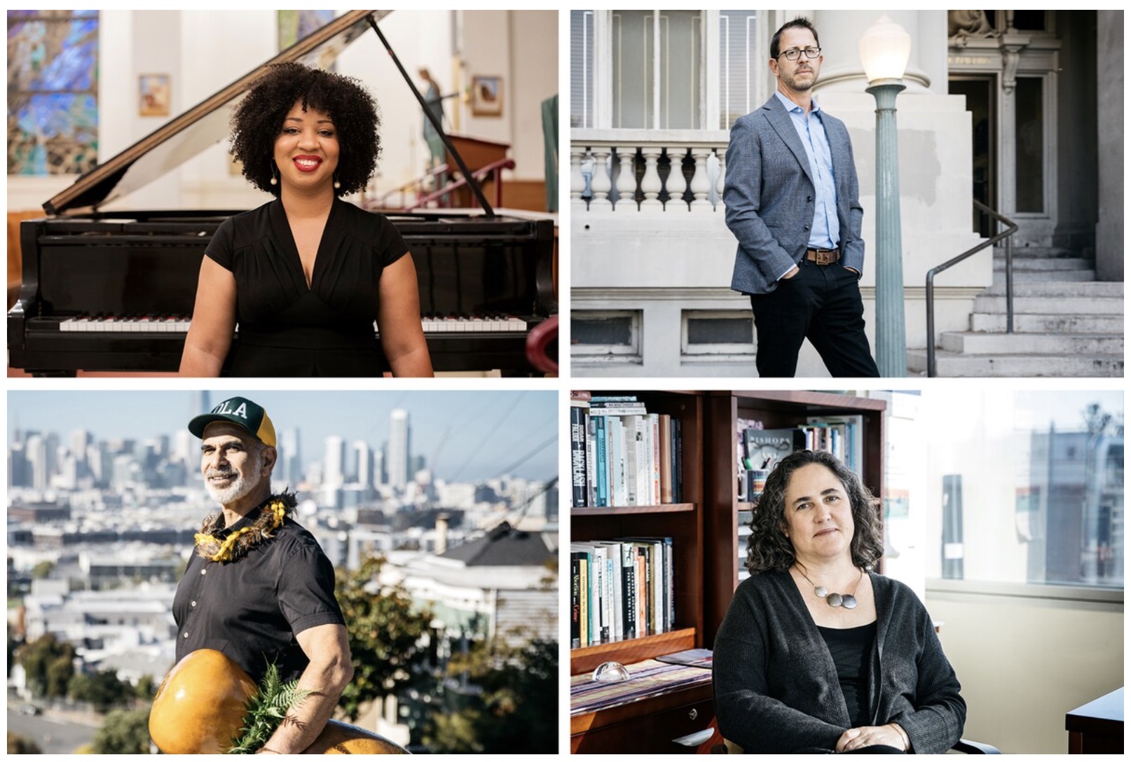 Four 2023 MacArthur Fellows, clockwise from top left: Courtney Bryan, Ian Bassin, Diana Greene Foster and Patrick Makuakane. (John D. and Catherine T. MacArthur Foundation)
