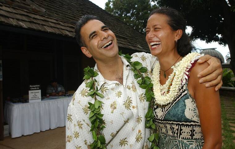 Patrick Makuakane, left, director of a hula school in San Francisco, is shown with producer Lisette Marie Flanary of New York, in July 2003, at the Bishop Museum, before the preview showing of the documentary film “American Aloha: Hula Beyond Hawaii.” The John D. and Catherine T. MacArthur Foundation announced the 2023 class of fellows, often known as recipients of the “genius grant” today.